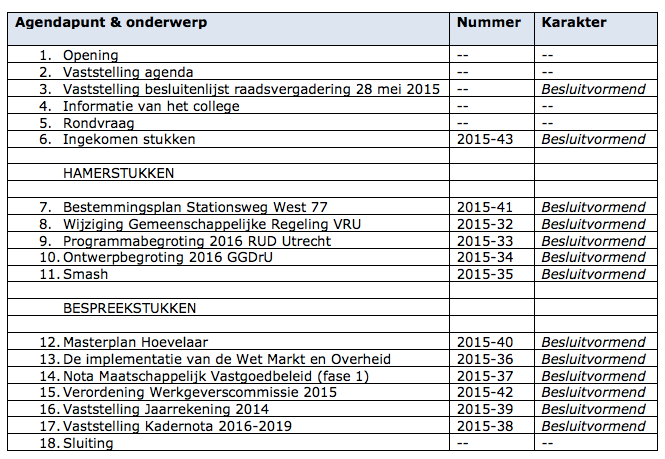 Agenda Raadsvergadering 9 juli 2015